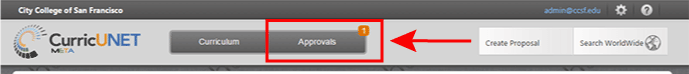 CurricUNET header approvals notifications