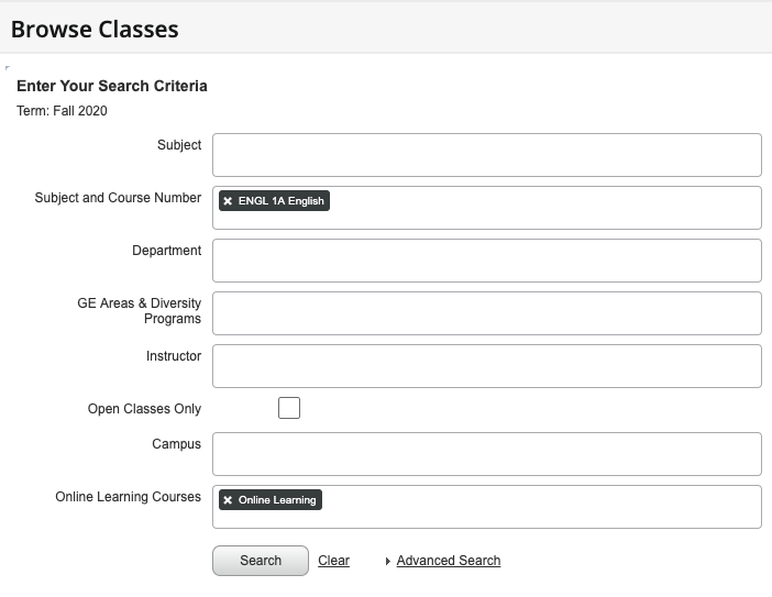 Browse Classes in Public Schedule Search Fields with Online Courses selected to find online classes.
