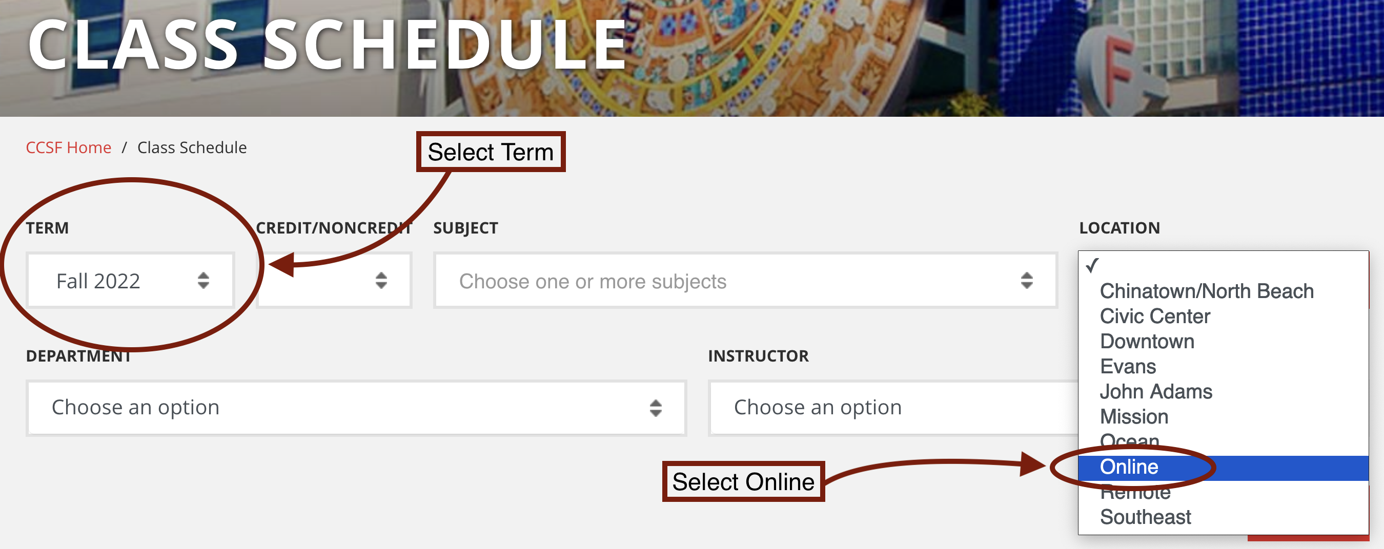 Select Term and Select Online are noted in the screenshot for searching for online classes.