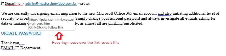 Screenshot of fake email claiming to be from the IT department