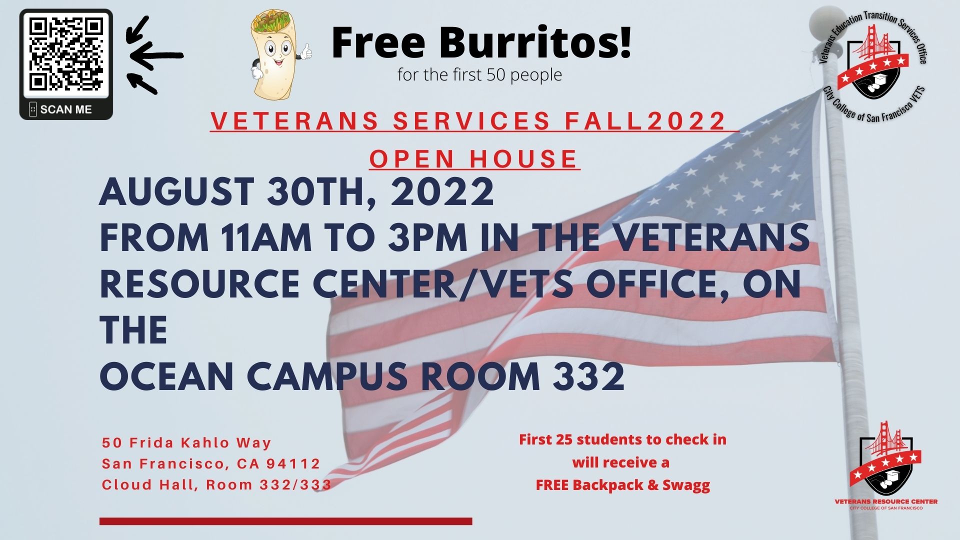 Veterans Services Fall 2022 Open House - August 30, 2022 from 11am to 3pm in the Veterans Resource Center, Ocean Campus, Room 332