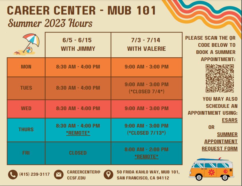 Summer 2023 career counseling hours with links to schedule an appointment