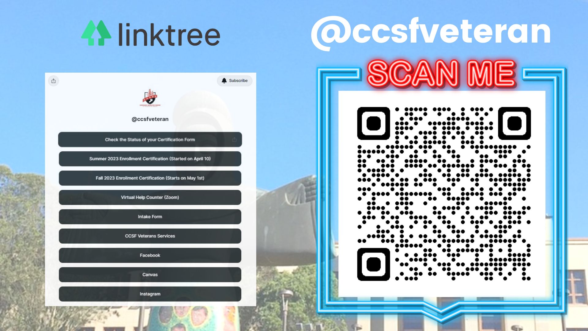 CCSF Veteran QR Code - @ccsfveteran Scan Me