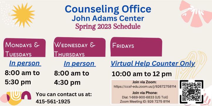 John Adams Center Counseling Office Spring 2023 Schedule