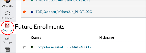 Courses button is circled with Future Enrollments section highlighted.