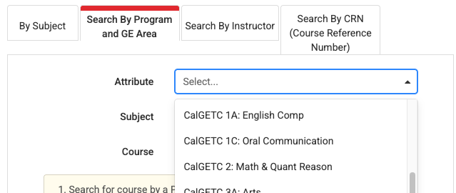 Screenshot of College Scheduler GE Area Filter