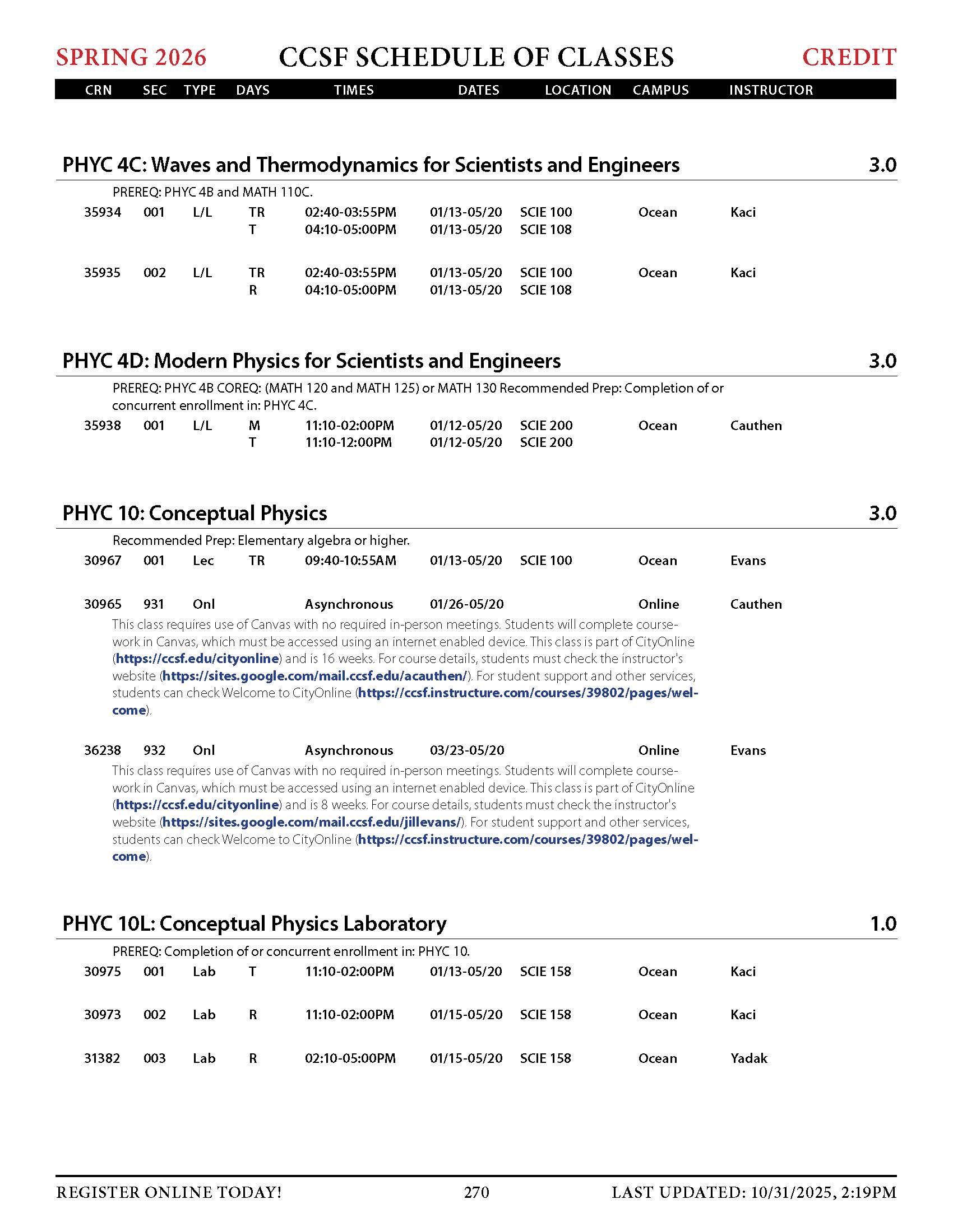 physics spring 2026 credit classes 2