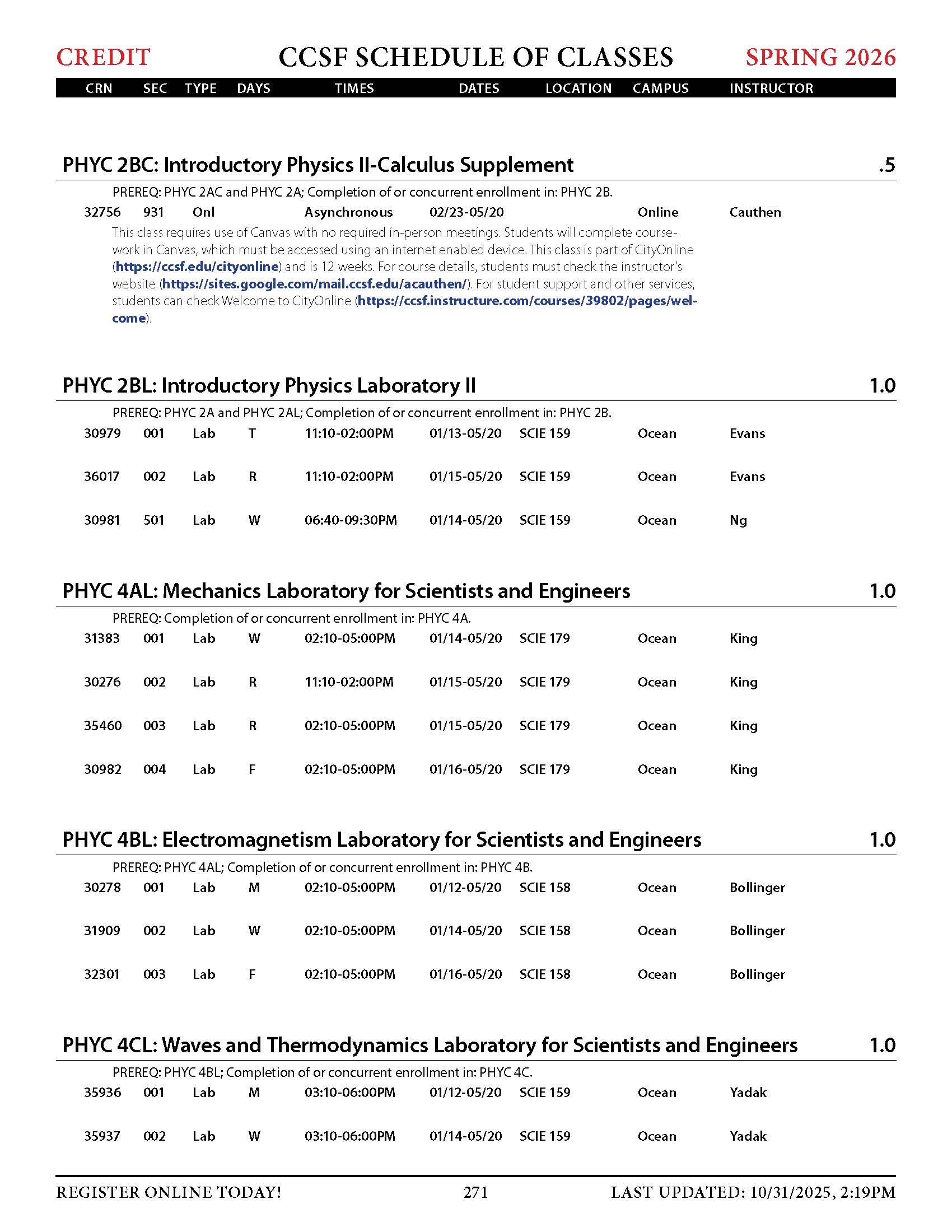 physics spring 2026 credit classes 3