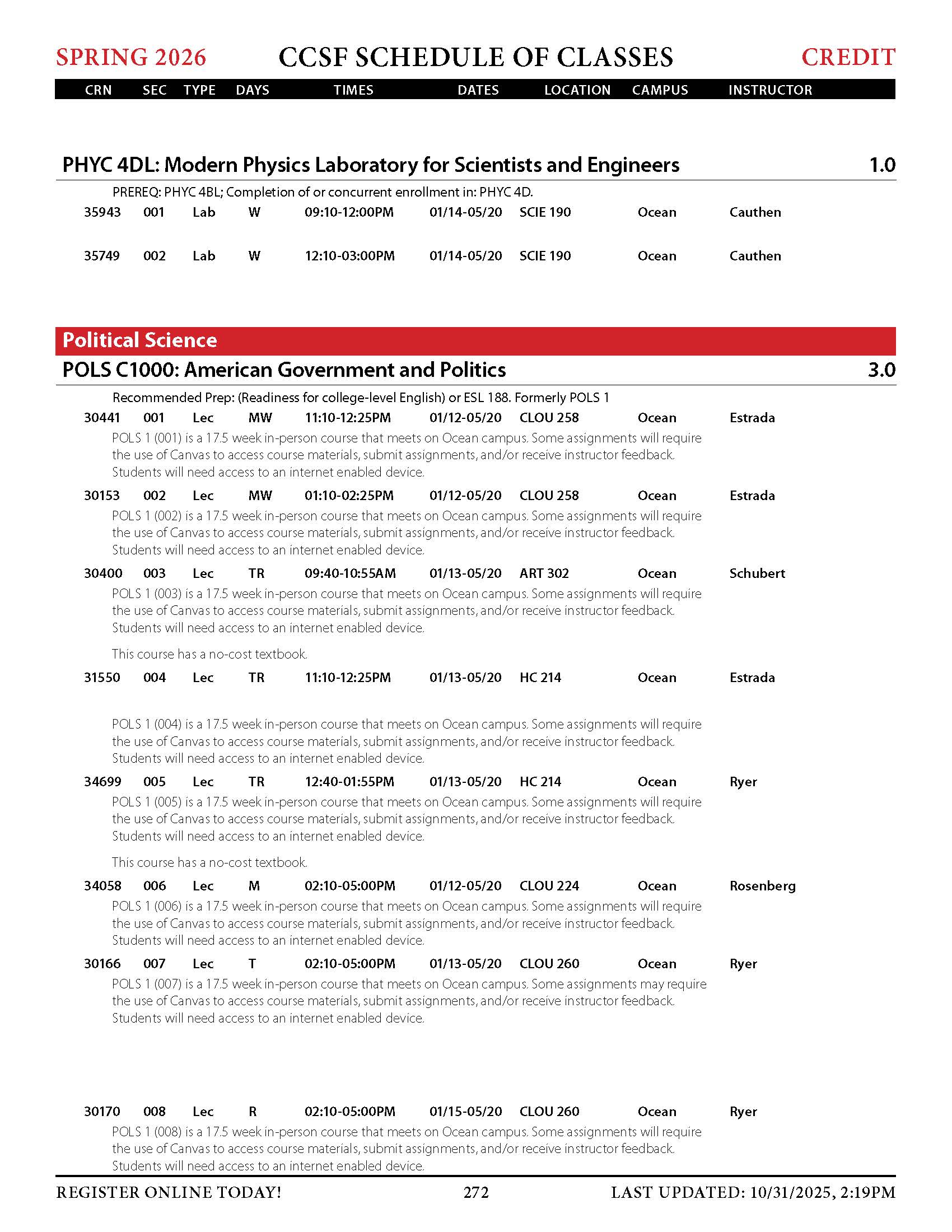 physics spring 2026 credit classes 4