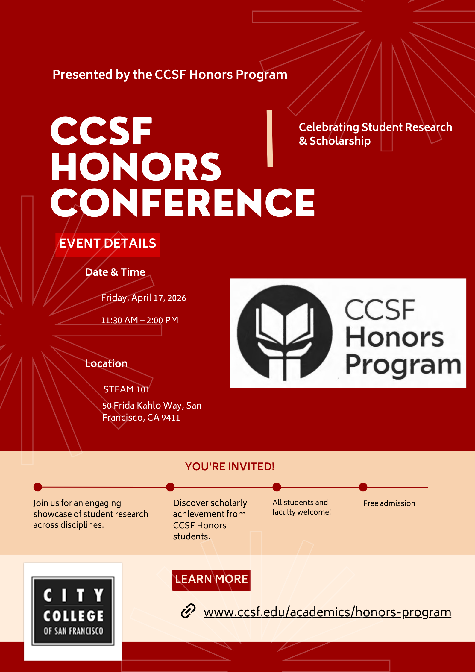 Poster for the 2026 CCSF Honors Conference on April 17