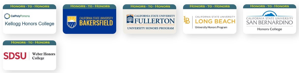 A picture showing the following colleges with Honors-to-Honors agreements: (1) CalPolyPomona Kellogg Honors College, (2) CSU Bakersfield, (3) CSU Fullerton University Honors Program, (4) CSU Long Beach University Honors Program, (5) CSU San Bernardino Honors College, and (6) SDSU Weber Honors College.