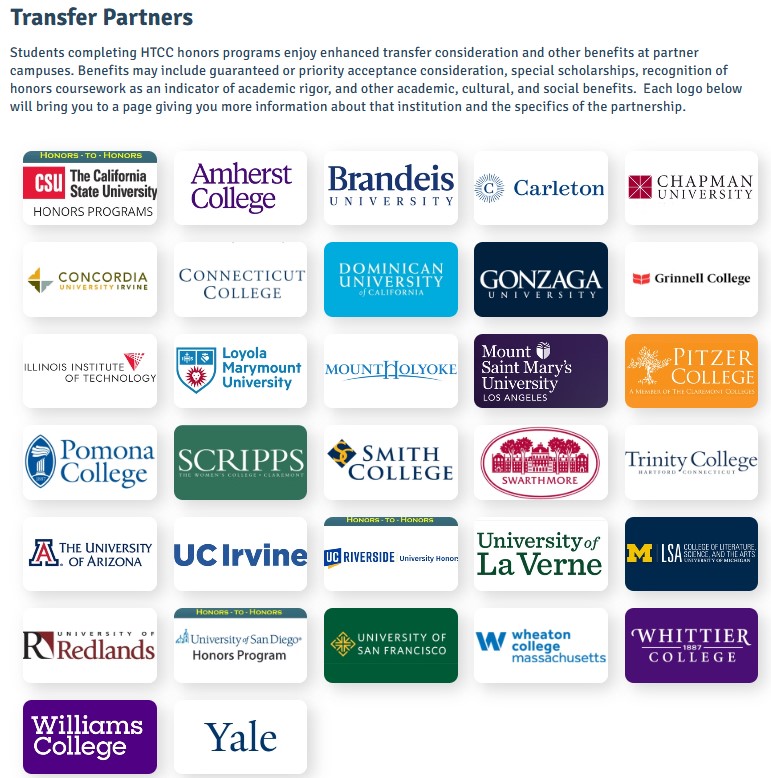 Screenshot showing HTCC Transfer Partner institutions as of April 2026.
