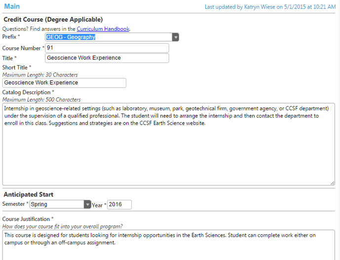 Screenshot Main Screen for course proposal