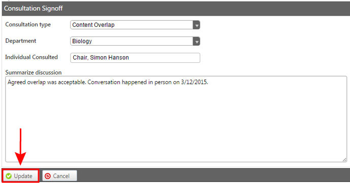 Screenshot of details for consultation under edit Screenshot of details for consultation under edit