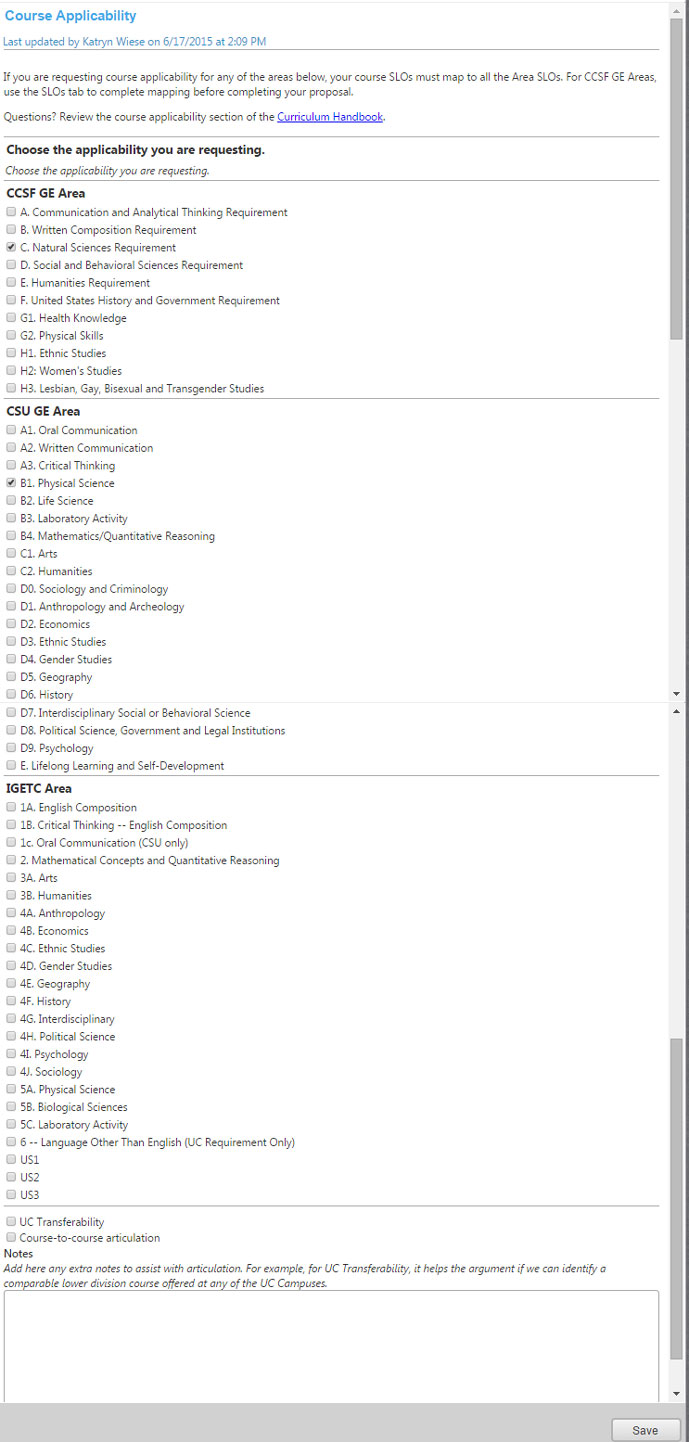 Screenshot Main Course Applicability Screen