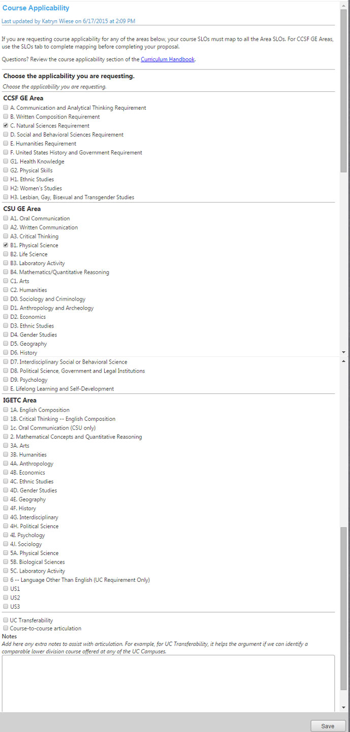 Screenshot Main Course Applicability Screen Screenshot Main Course Applicability Screen