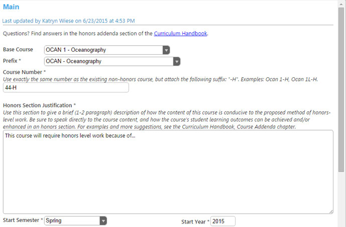 Screenshot Main Screen for honors addenda proposal