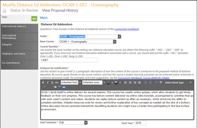 Main screen of Distance Education Addenda Proposal