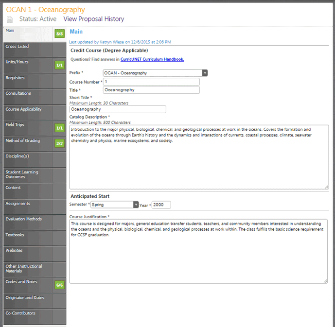 Screenshot of Course Proposal Screenshot of Course Proposal