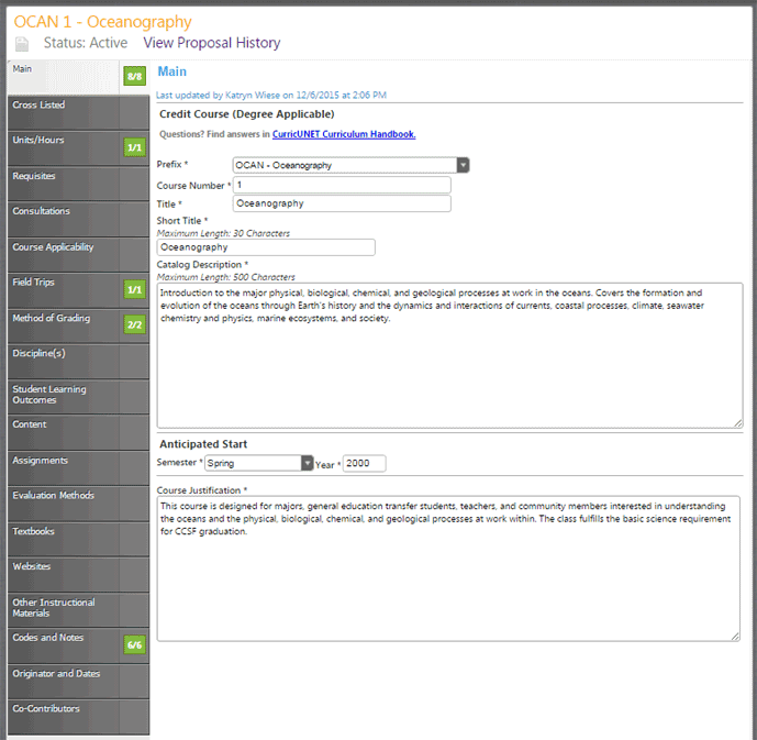 Screenshot of Course Proposal