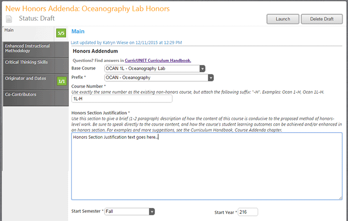 Screenshot of main Honors Page Screenshot of main Honors Page
