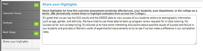 Course Assessment Share Highlights Tab