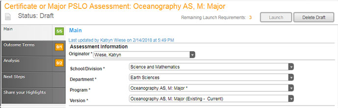 Program Assessment Main Screen