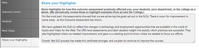 Program Assessment Share Highlights Tab