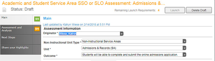 AUO/SSO Assessment Main Screen