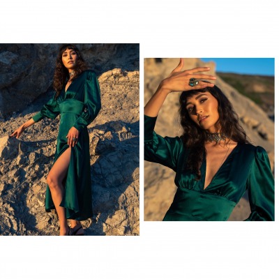Photos of model in green dress.