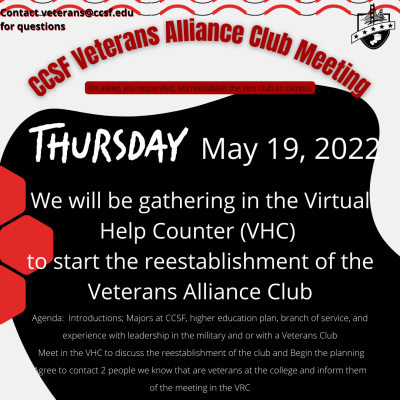 CCSF Veterans Alliance Club Meeting - Thursday, May 18, 2022 - Virtual Help Counter Zoom Meeting