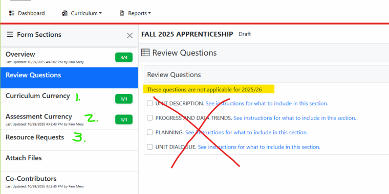 CurriQunet platform showing the 3 components to be filled out