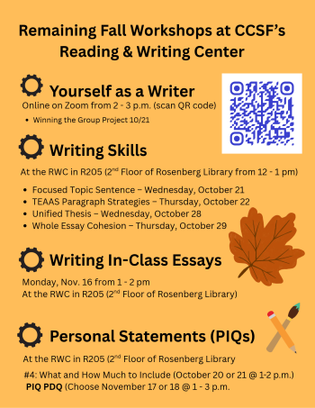 Workshops offered by the Reading and Writing Center with QR code