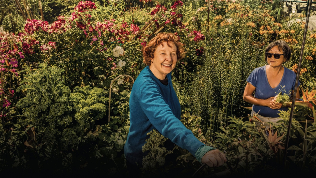 Two women work in the garden