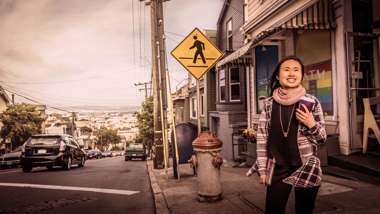 Girl stands on streets of san Francisco