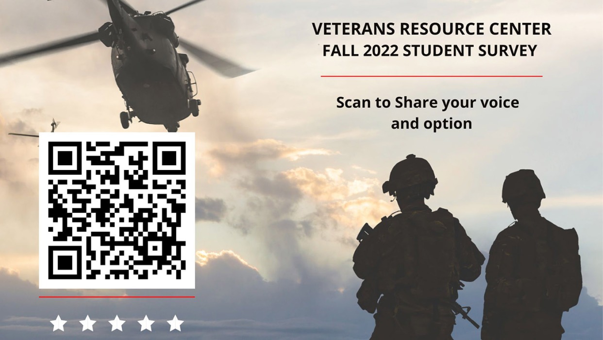 Veterans Resource Center Fall 2022 Student Survey - Scan to Share your voice