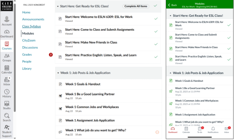 Canvas Modules on computer and mobile device