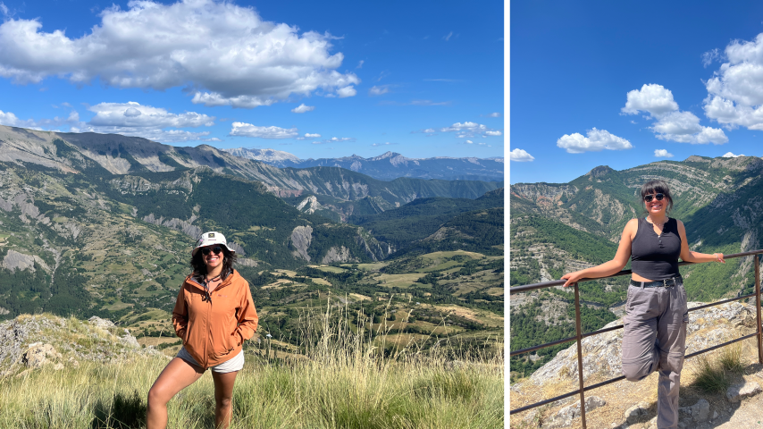 Yajaira in front of two geologic landscapes