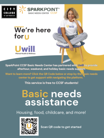 CCSF SparkPoint flyer promoting free basic needs assistance and mental health support for students, with QR code to get started.