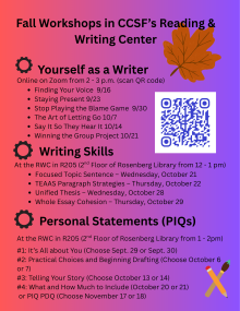 Workshops offered by the Reading and Writing Center with QR code